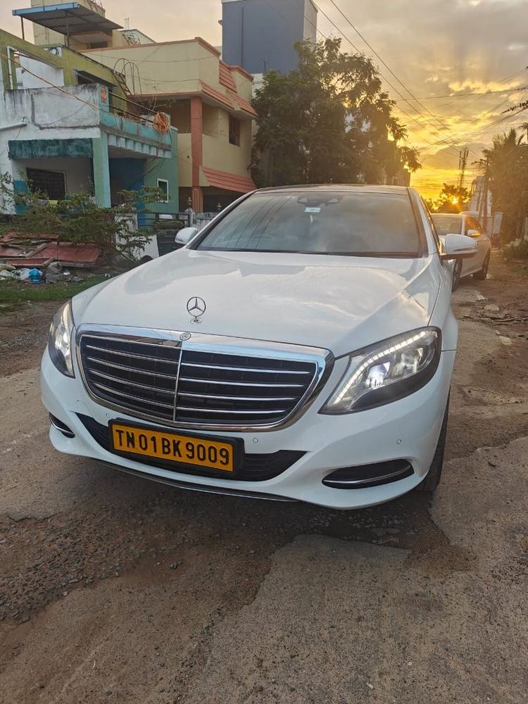 Mercedes-Benz S-Class front view at sunset – Om Shakthi Travels, Chennai