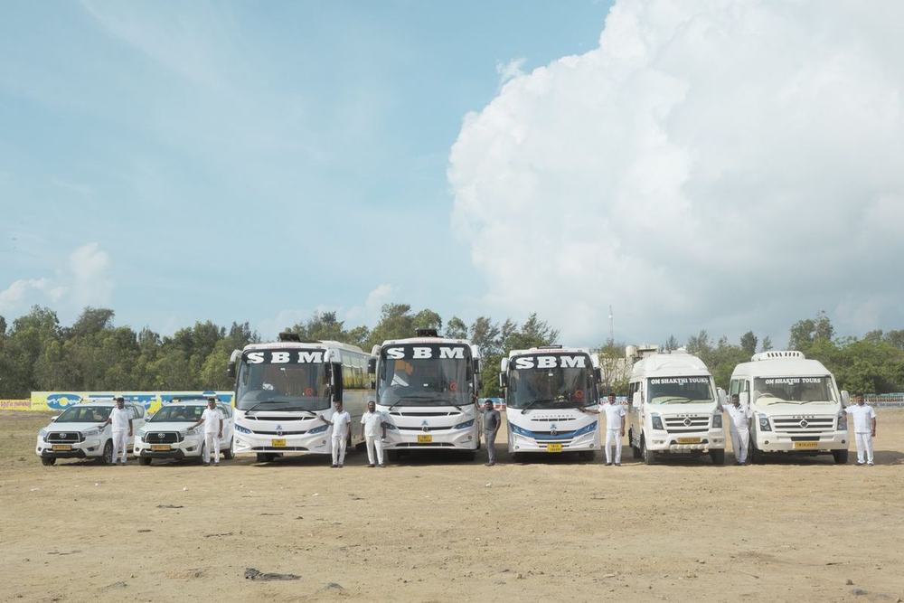 Cars and coaches lined up for an event – Om Shakthi Travels, Chennai