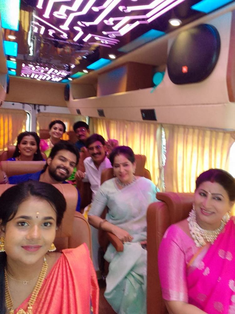 Family celebrating inside our party coach – Om Shakthi Travels, Chennai